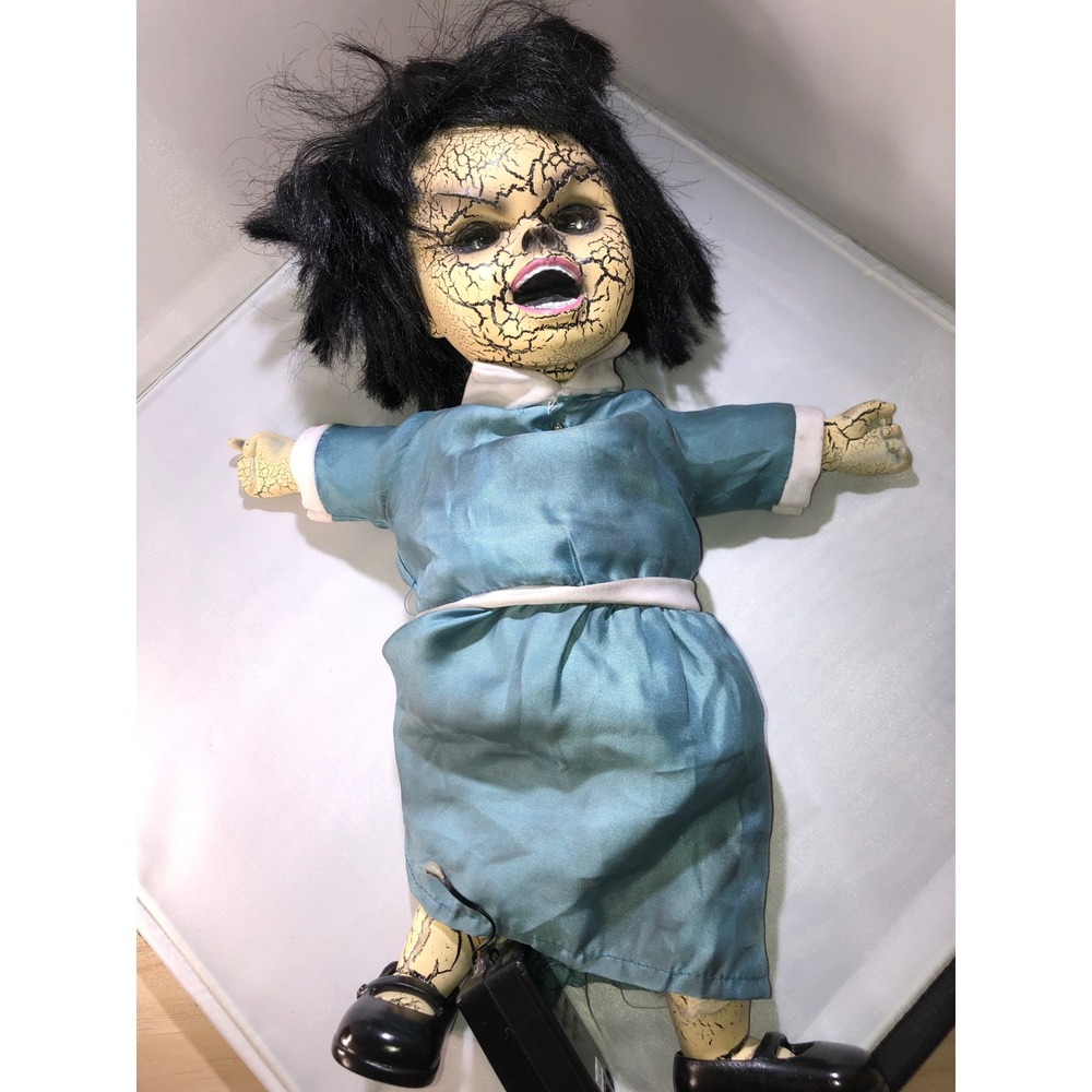 Creepy Haunted Doll Halloween Prop Blue Dress Cracked Face Horror Decor